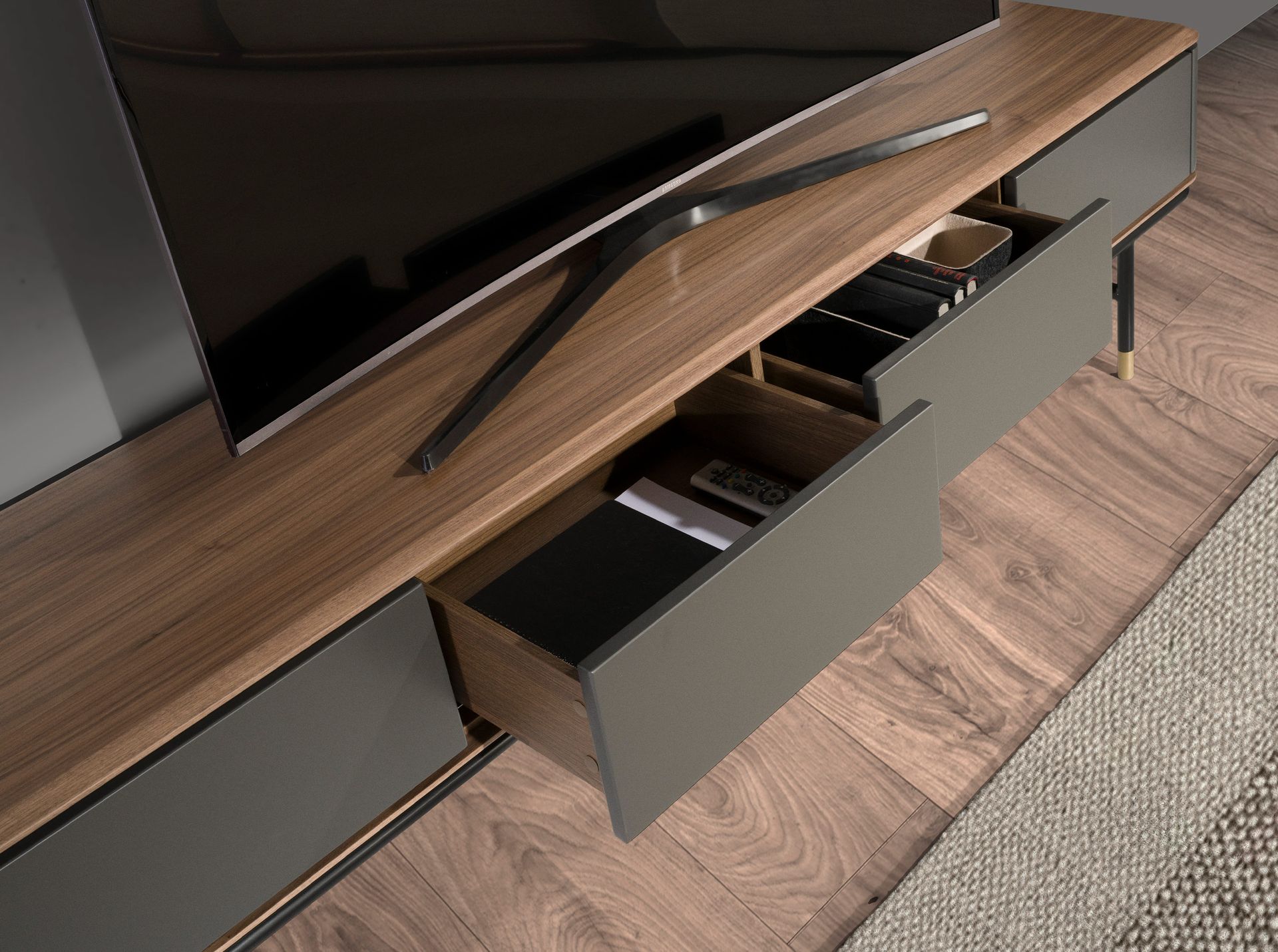 Mueble TV madera gris oscuro, acero negro y tapa de nogal Mueble TV madera gris oscuro, acero negro y tapa de nogal