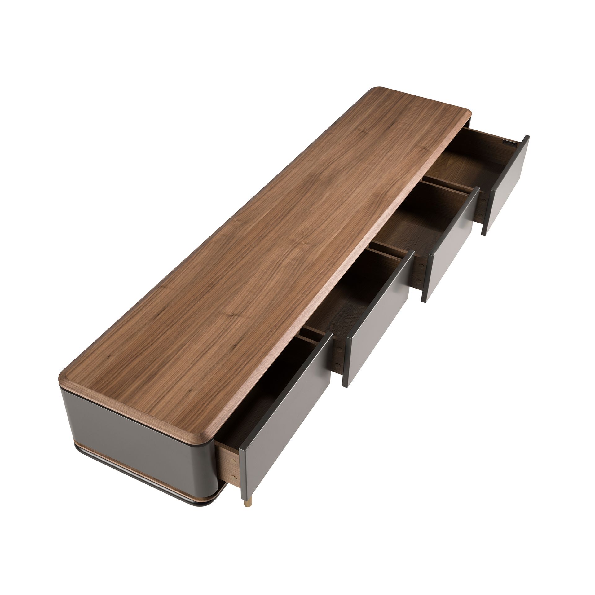 Mueble TV madera gris oscuro, acero negro y tapa de nogal Mueble TV madera gris oscuro, acero negro y tapa de nogal