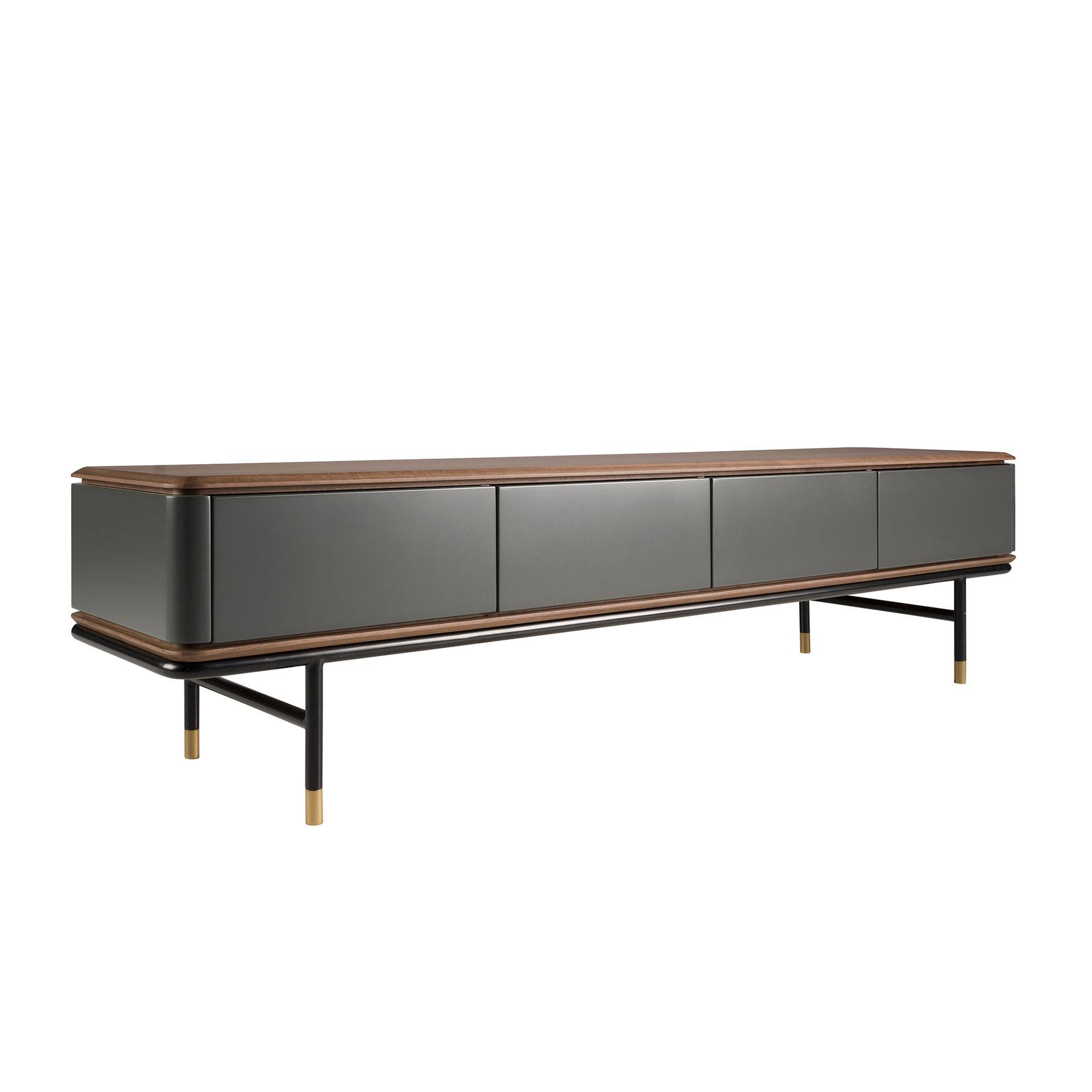 Mueble TV madera gris oscuro, acero negro y tapa de nogal Mueble TV madera gris oscuro, acero negro y tapa de nogal
