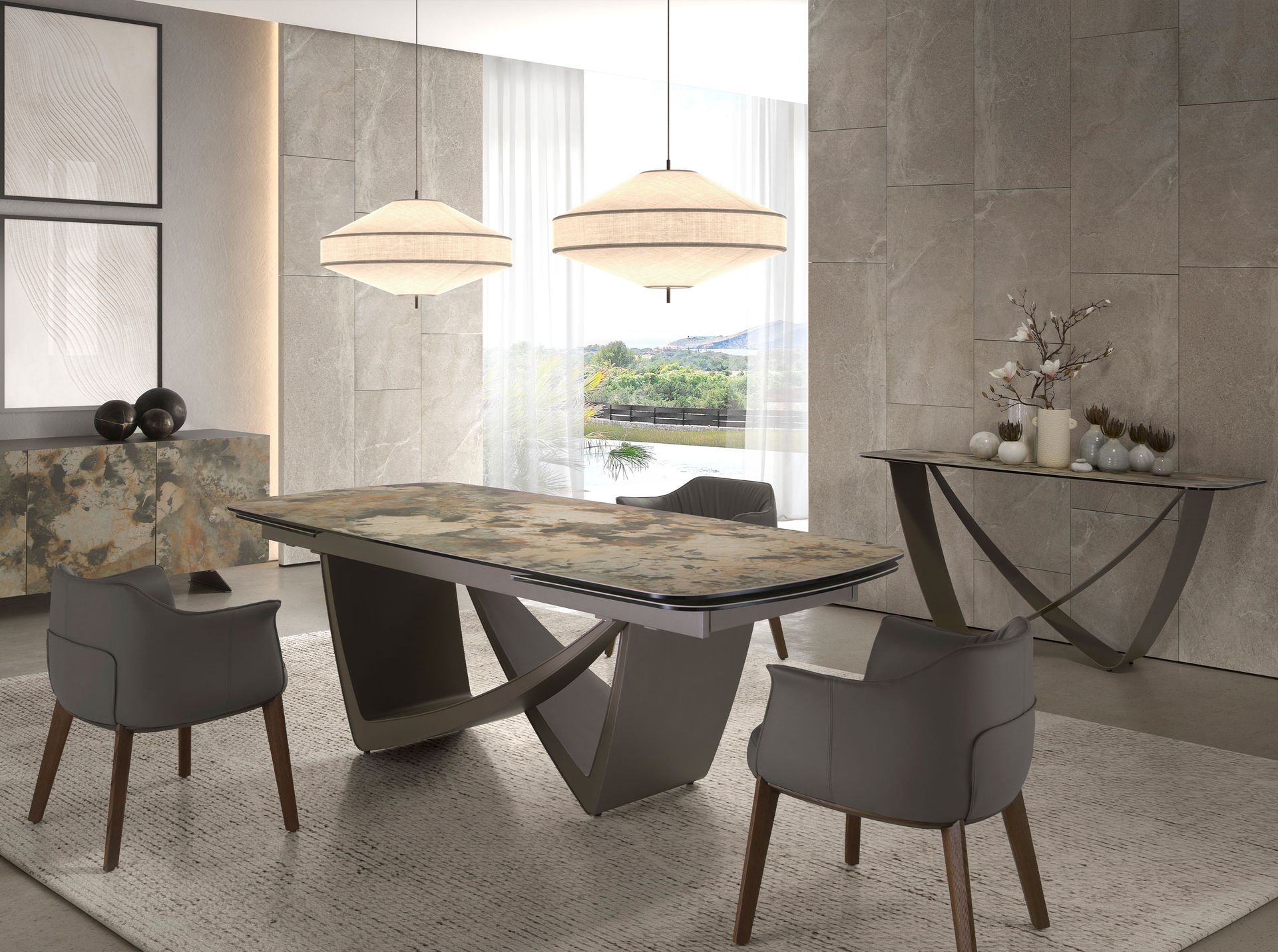 Consola rectangular mármol porcelánico y acero taupé metalizado Consola rectangular mármol porcelánico y acero taupé metalizado