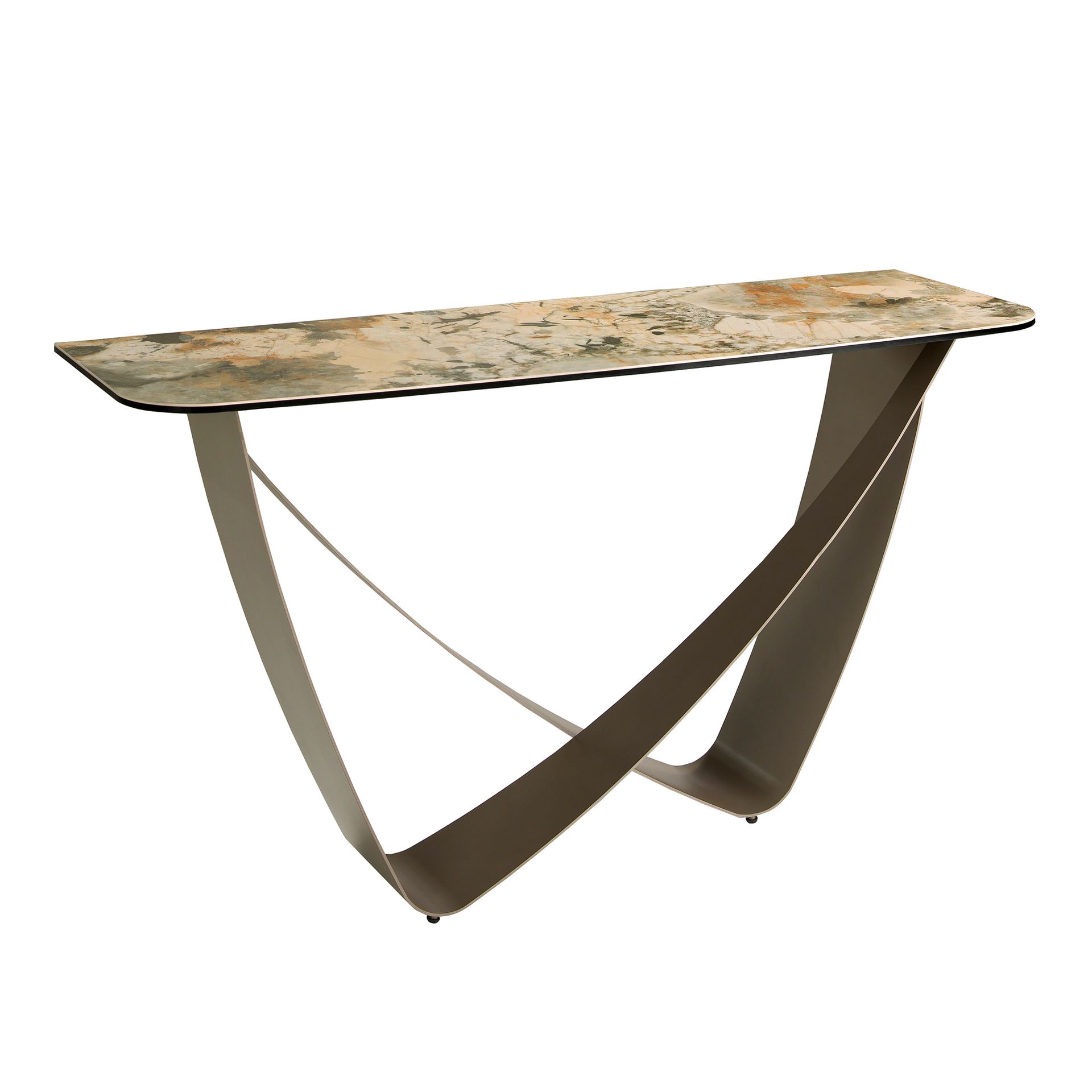 Consola rectangular mármol porcelánico y acero taupé metalizado Consola rectangular mármol porcelánico y acero taupé metalizado