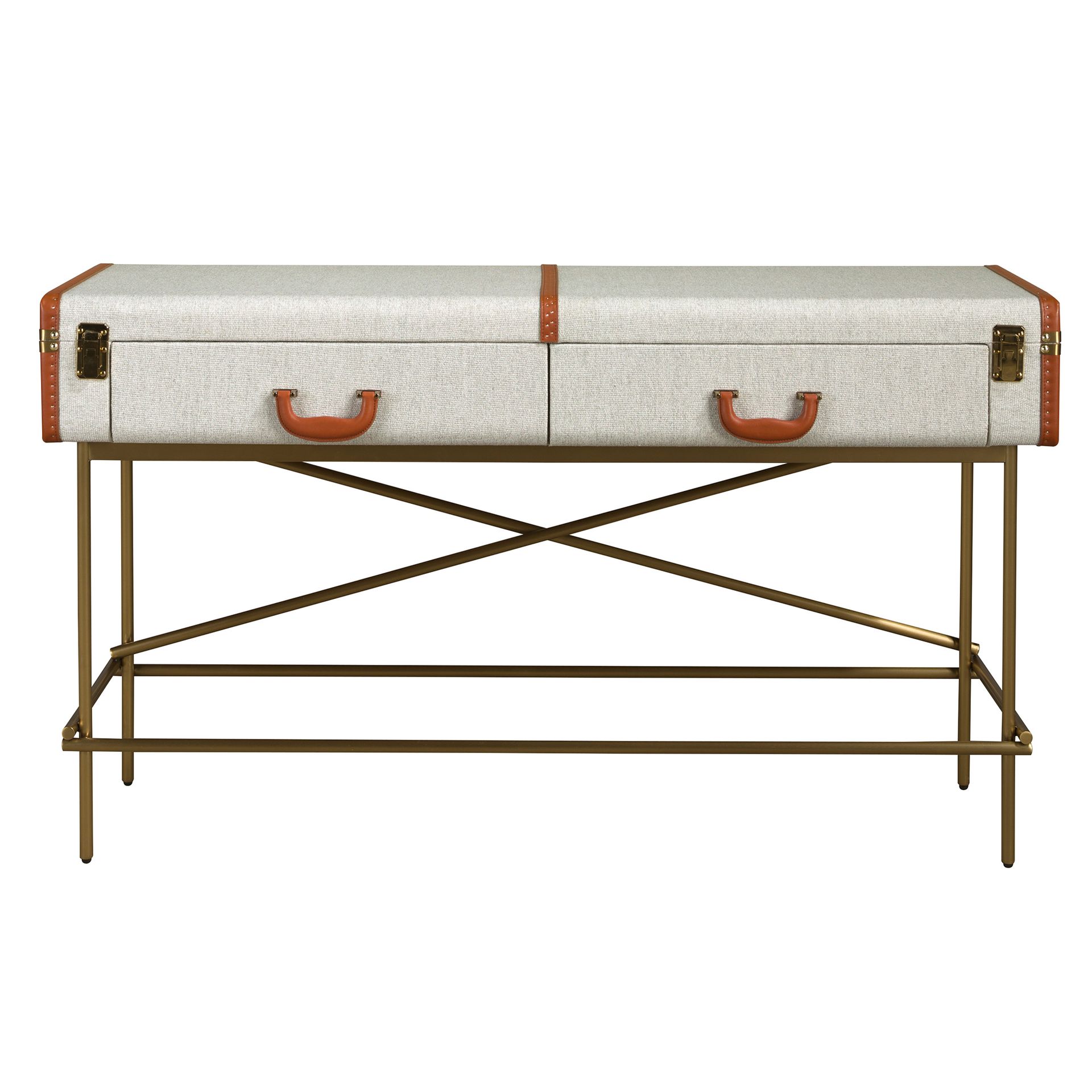 Consola rectangular tela, nogal y acero pulido dorado Consola rectangular tela, nogal y acero pulido dorado