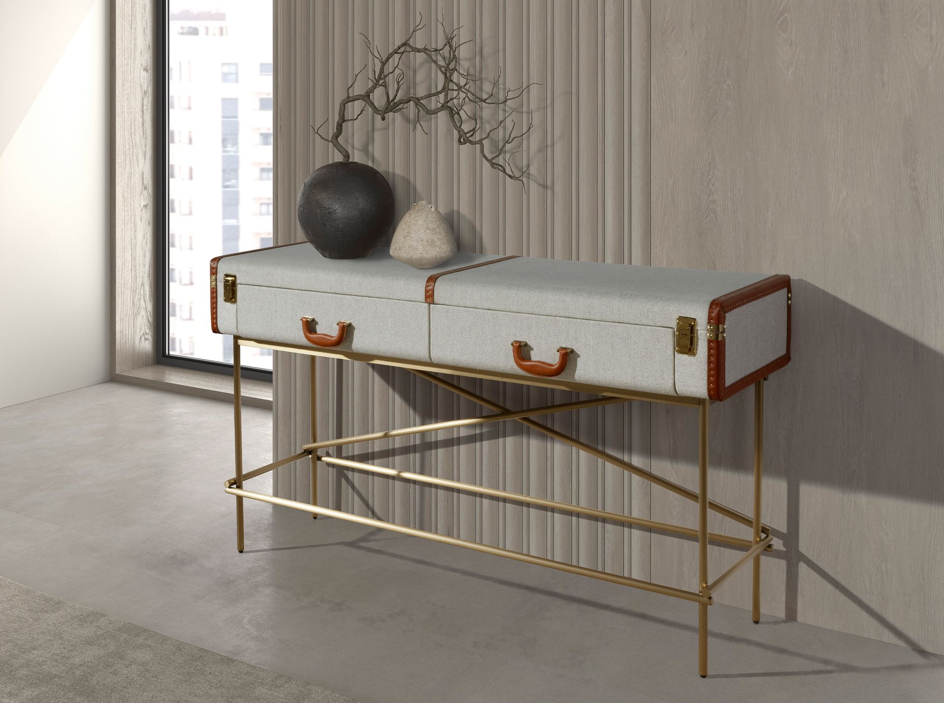 Consola rectangular tela, nogal y acero pulido dorado Consola rectangular tela, nogal y acero pulido dorado