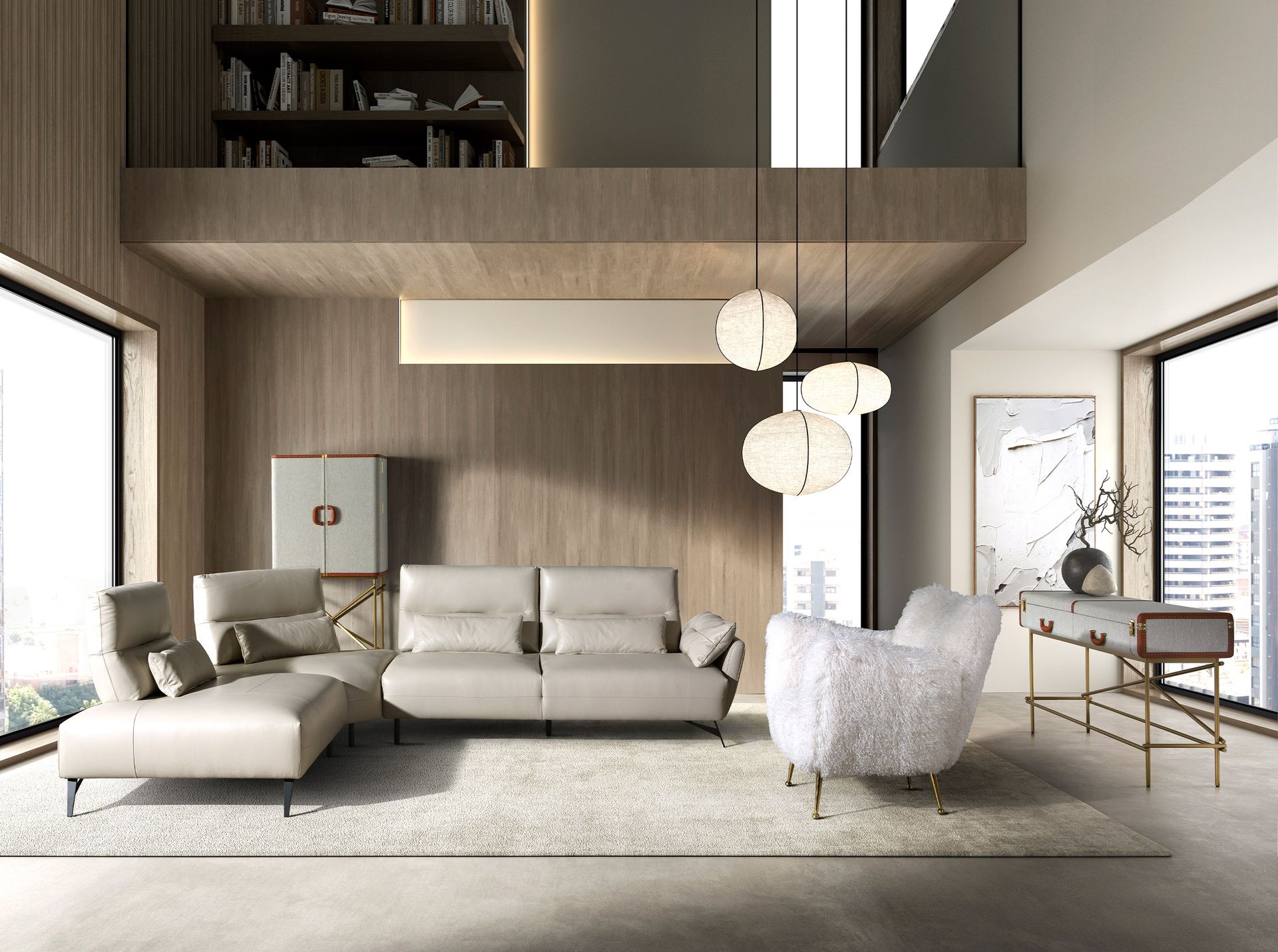 Consola rectangular tela, nogal y acero pulido dorado Consola rectangular tela, nogal y acero pulido dorado