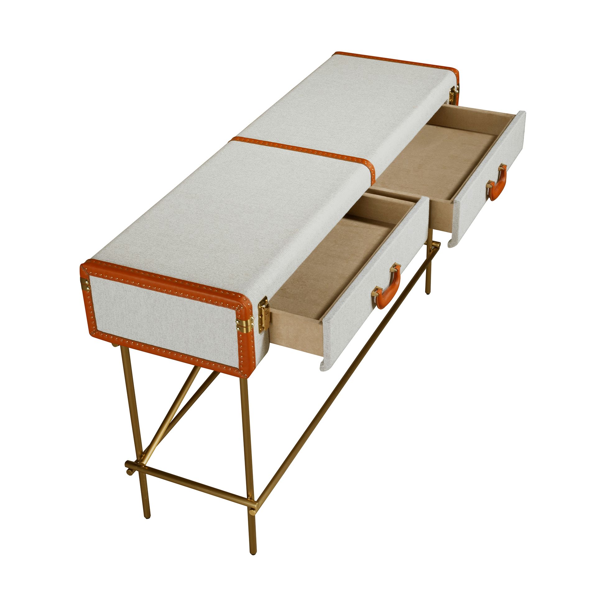 Consola rectangular tela, nogal y acero pulido dorado Consola rectangular tela, nogal y acero pulido dorado