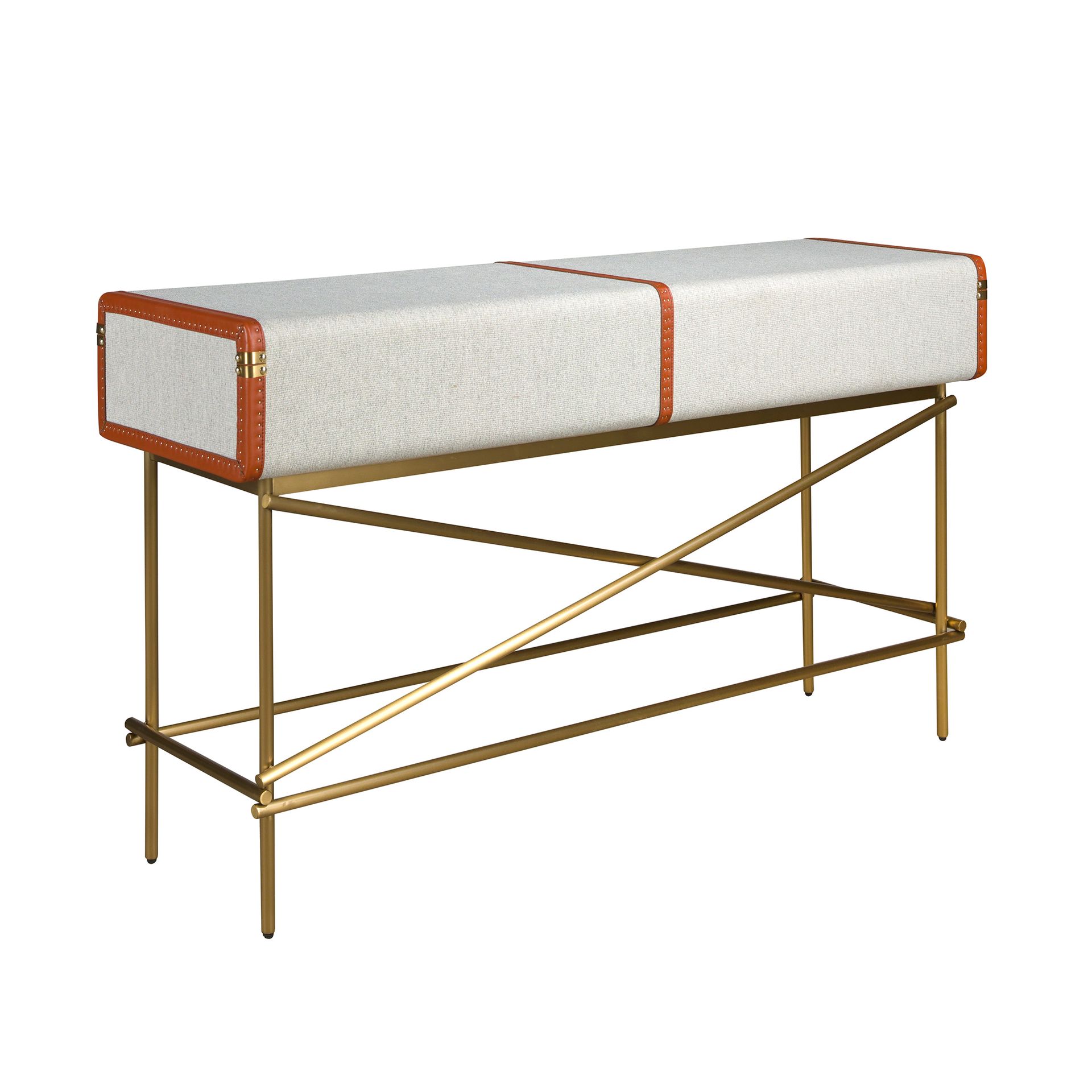 Consola rectangular tela, nogal y acero pulido dorado Consola rectangular tela, nogal y acero pulido dorado