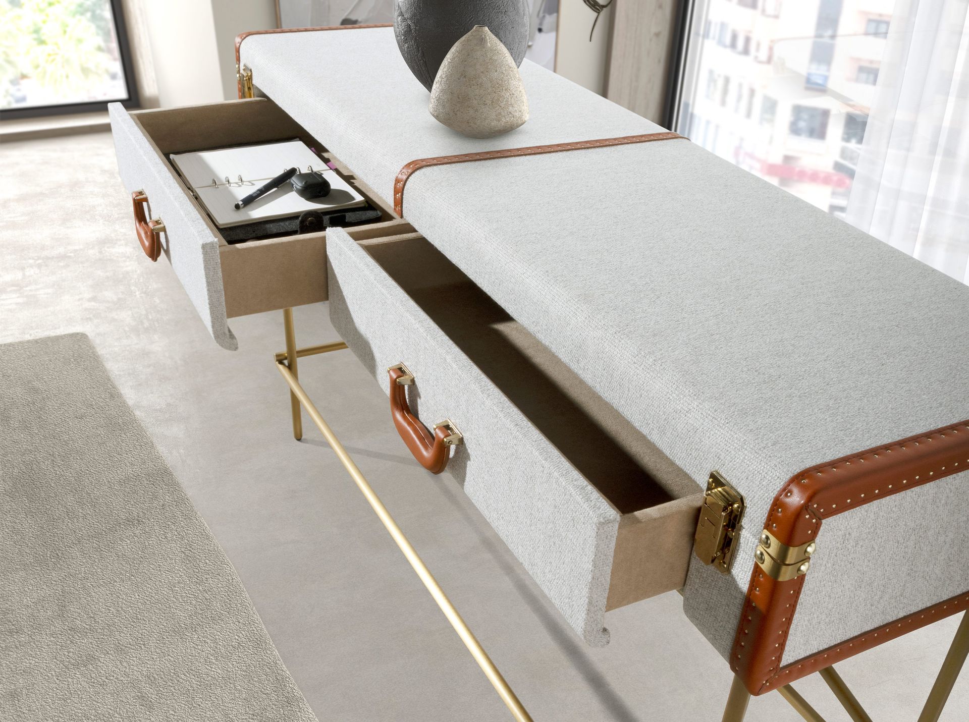 Consola rectangular tela, nogal y acero pulido dorado Consola rectangular tela, nogal y acero pulido dorado