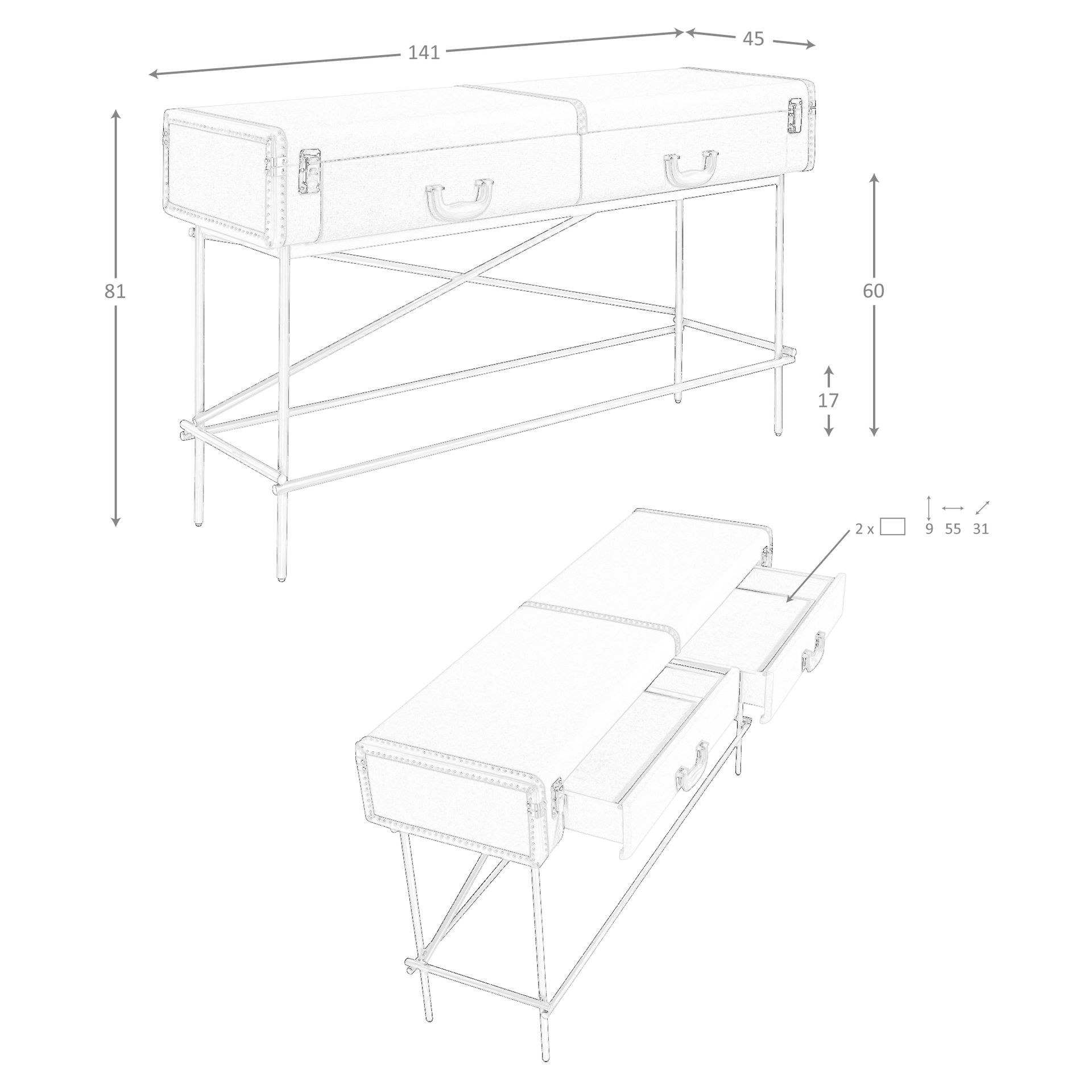Consola rectangular tela, nogal y acero pulido dorado Consola rectangular tela, nogal y acero pulido dorado