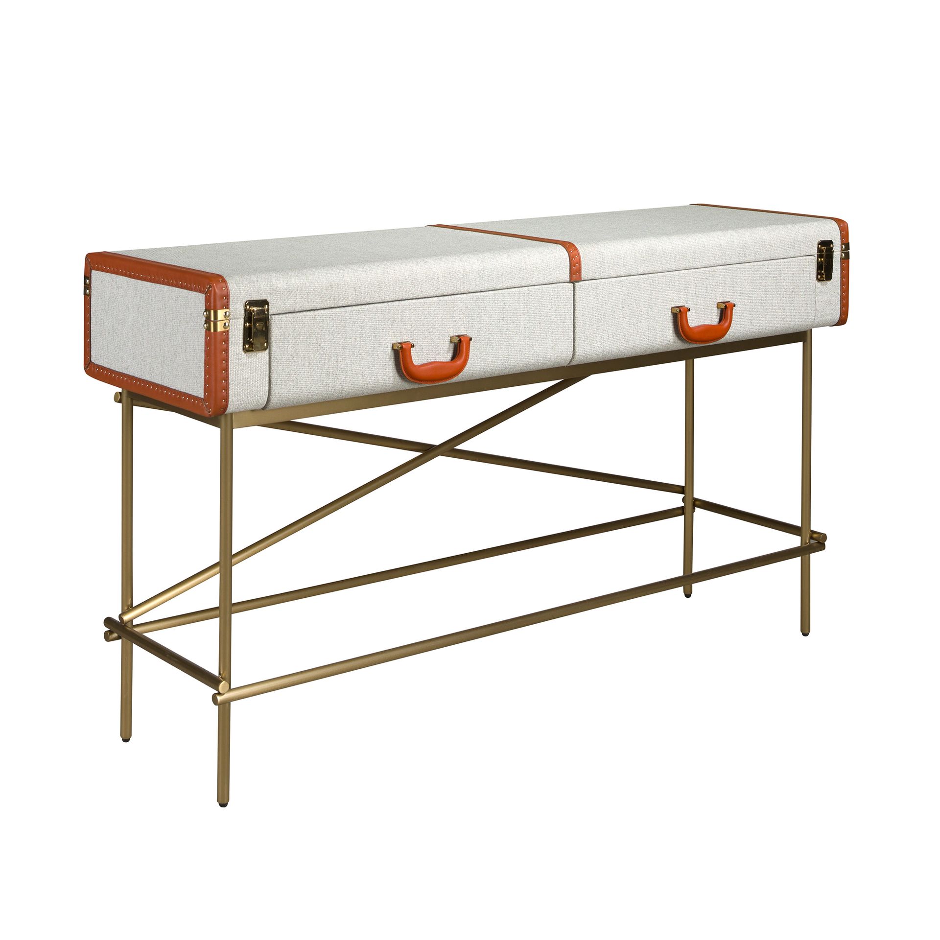 Consola rectangular tela, nogal y acero pulido dorado Consola rectangular tela, nogal y acero pulido dorado