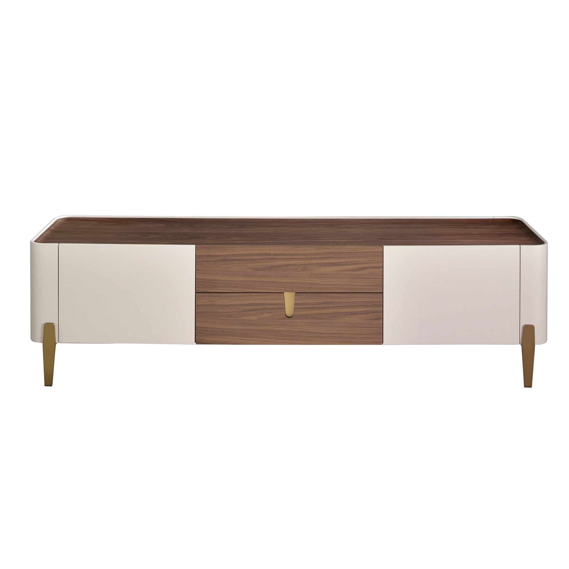Mueble TV nogal, beige, acero pulido dorado y tapa de nogal Mueble TV nogal, beige, acero pulido dorado y tapa de nogal