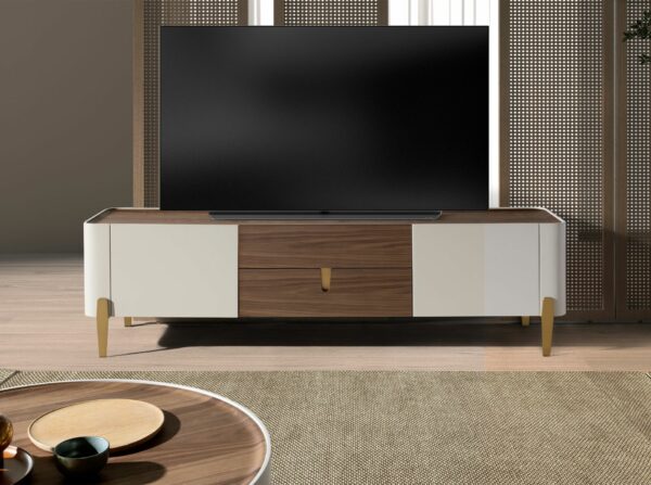 Mueble TV nogal, beige, acero pulido dorado y tapa de nogal