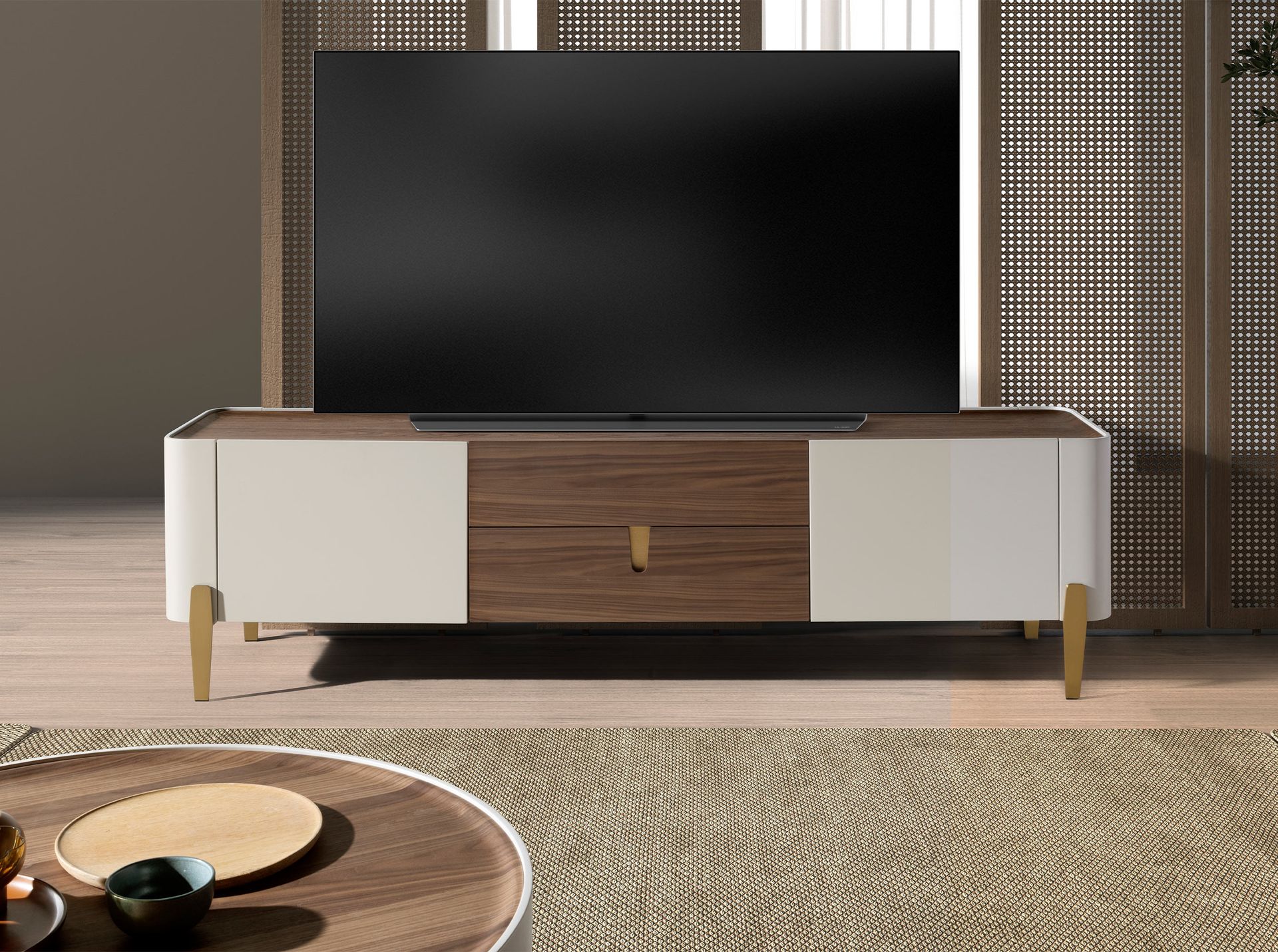 Mueble TV nogal, beige, acero pulido dorado y tapa de nogal Mueble TV nogal, beige, acero pulido dorado y tapa de nogal
