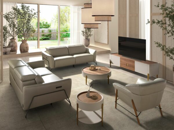 Mueble TV nogal, beige, acero pulido dorado y tapa de nogal