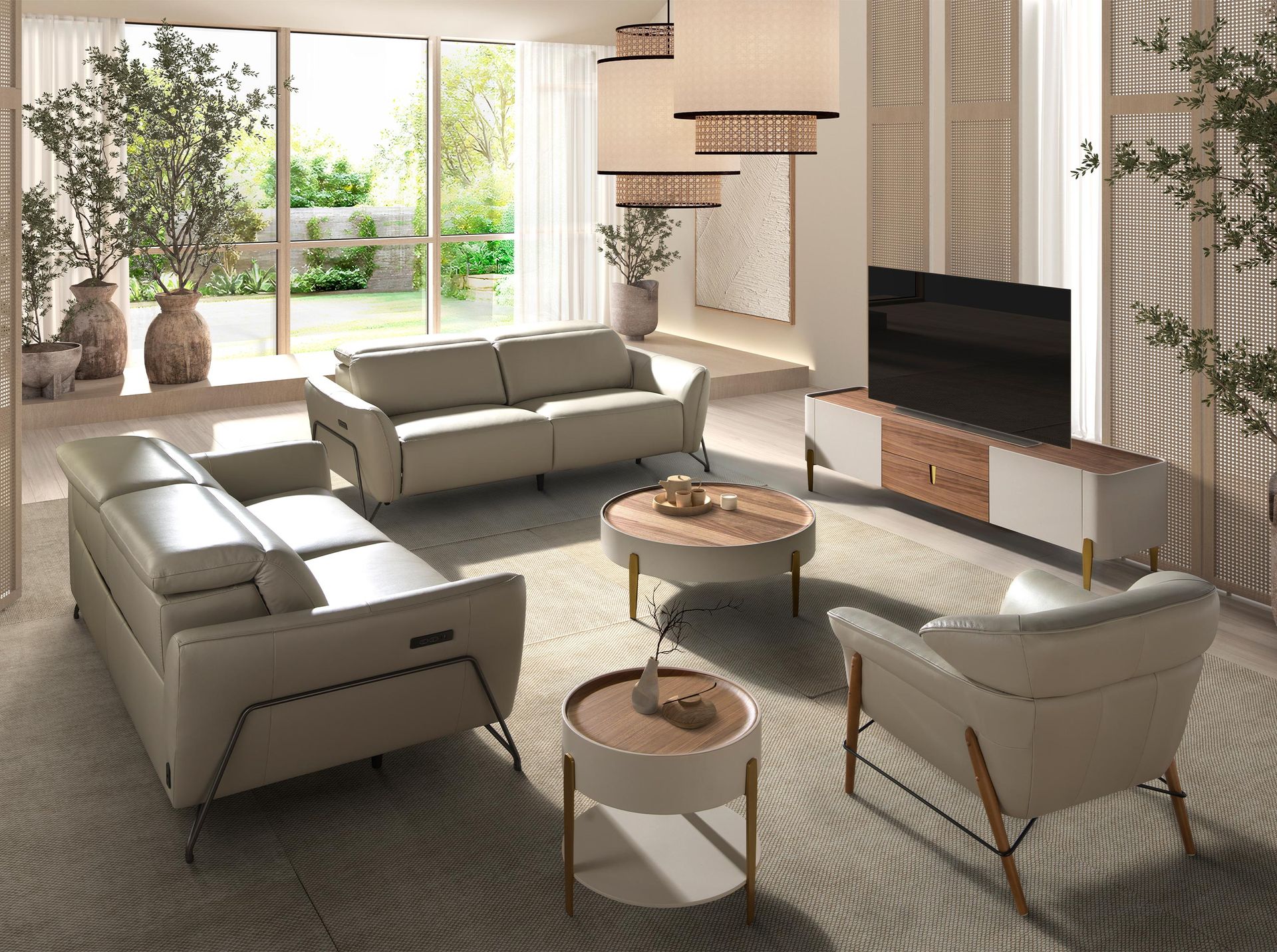 Mueble TV nogal, beige, acero pulido dorado y tapa de nogal Mueble TV nogal, beige, acero pulido dorado y tapa de nogal