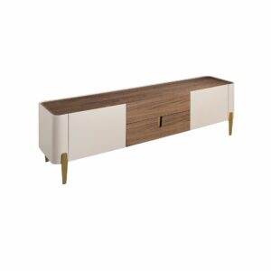 Mueble TV nogal, beige, acero pulido dorado y tapa de nogal Mueble TV nogal, beige, acero pulido dorado y tapa de nogal