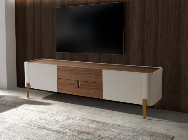Mueble TV nogal, beige, acero pulido dorado y tapa de nogal