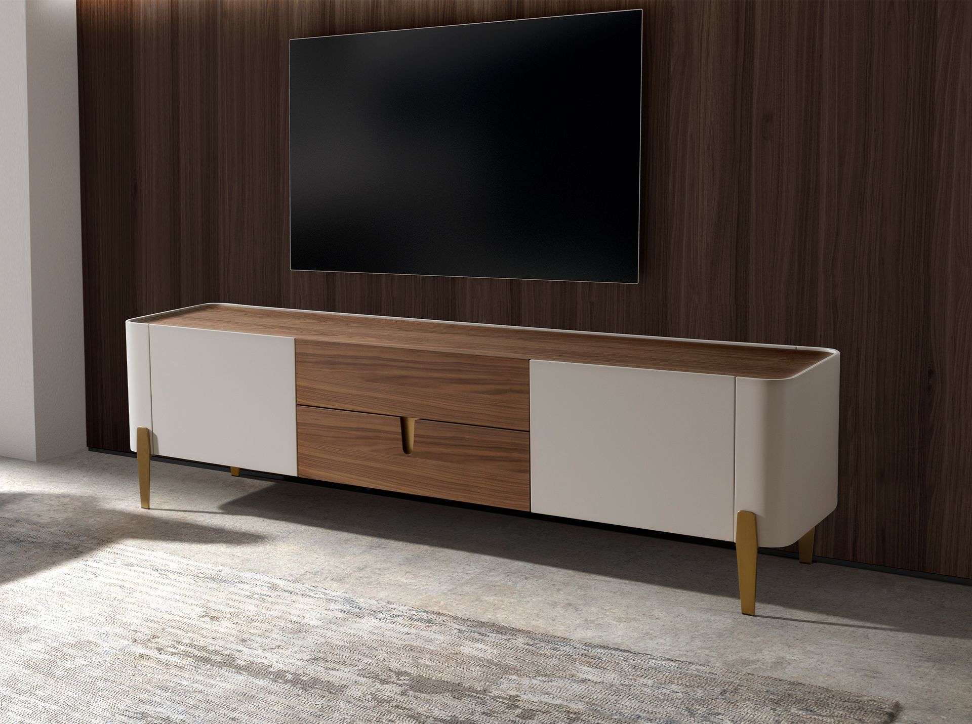 Mueble TV nogal, beige, acero pulido dorado y tapa de nogal Mueble TV nogal, beige, acero pulido dorado y tapa de nogal