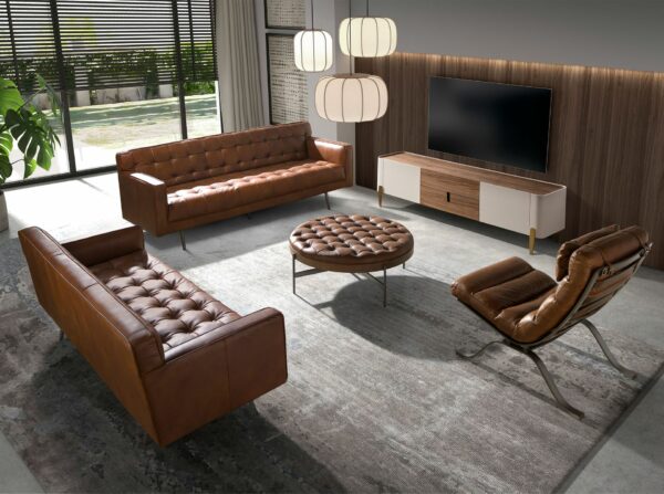 Mueble TV nogal, beige, acero pulido dorado y tapa de nogal