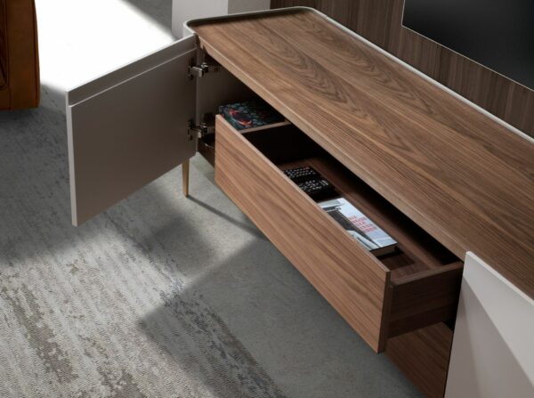 Mueble TV nogal, beige, acero pulido dorado y tapa de nogal