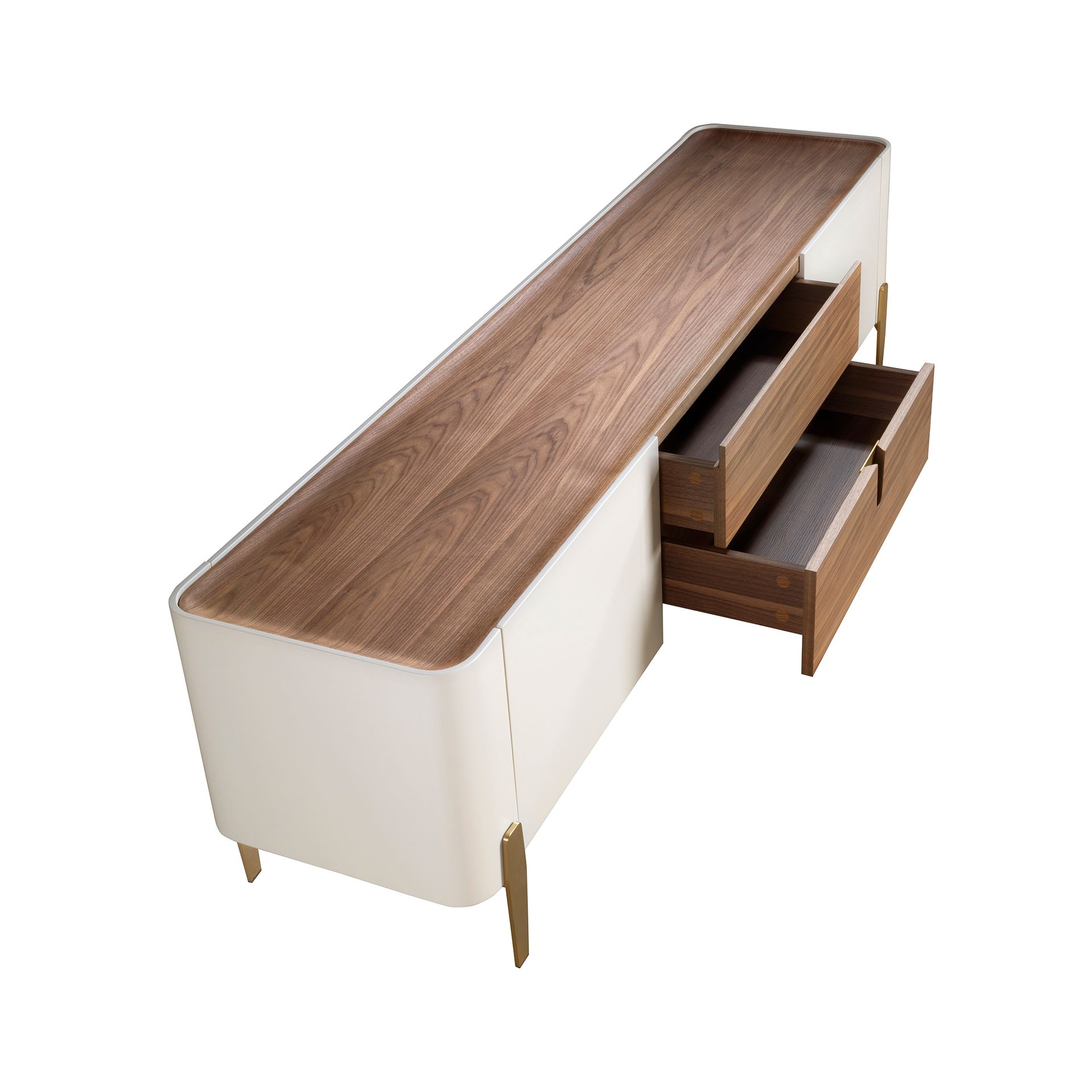 Mueble TV nogal, beige, acero pulido dorado y tapa de nogal Mueble TV nogal, beige, acero pulido dorado y tapa de nogal