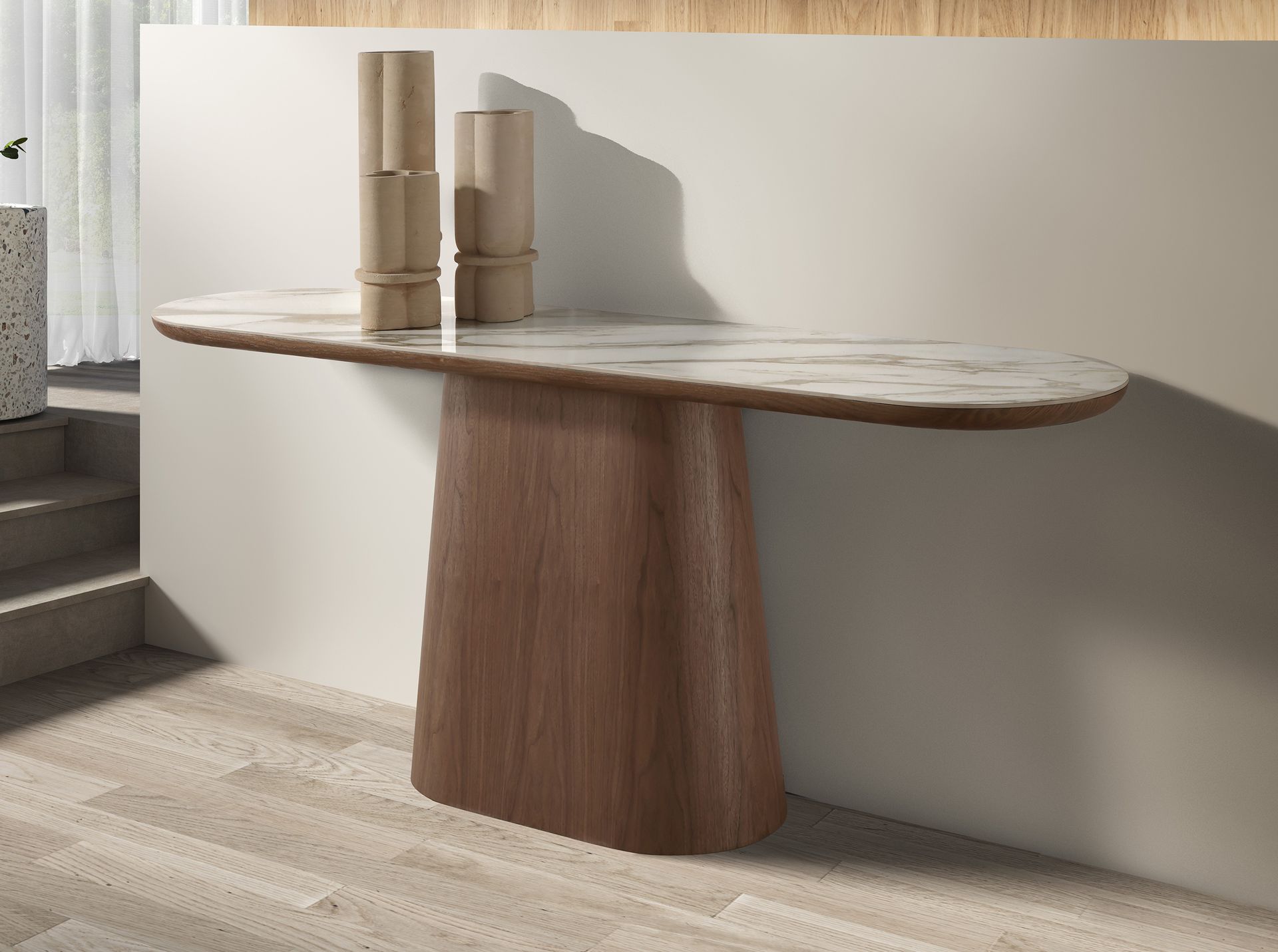 Consola ovalada medio punto mármol porcelánico y nogal Consola ovalada medio punto mármol porcelánico y nogal