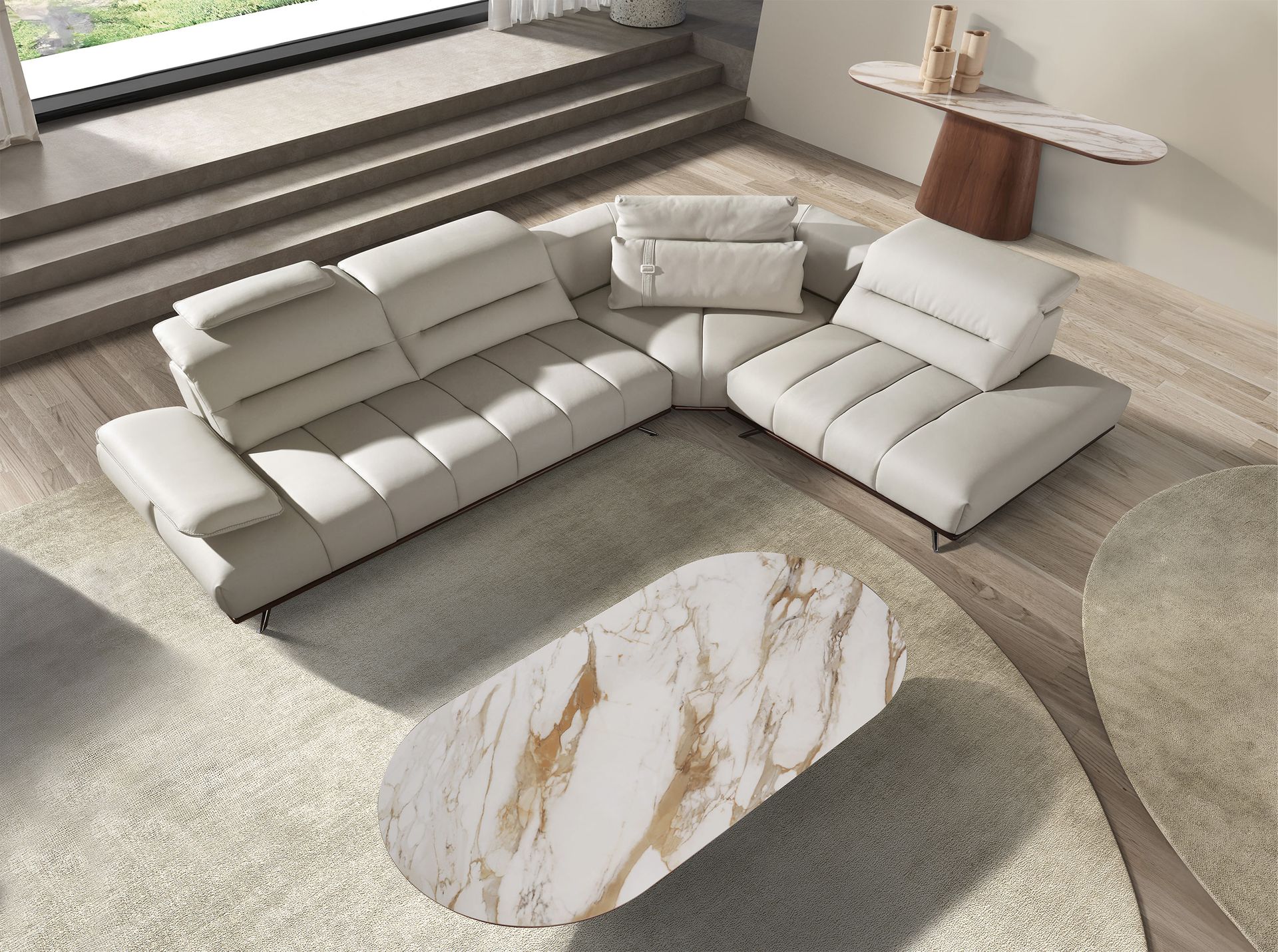 Consola ovalada medio punto mármol porcelánico y nogal Consola ovalada medio punto mármol porcelánico y nogal