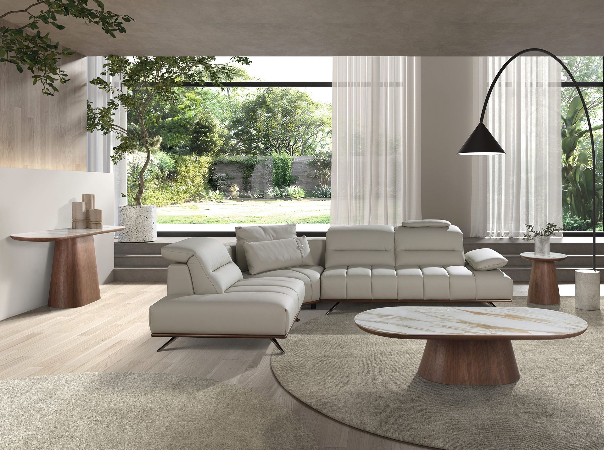 Consola ovalada medio punto mármol porcelánico y nogal Consola ovalada medio punto mármol porcelánico y nogal