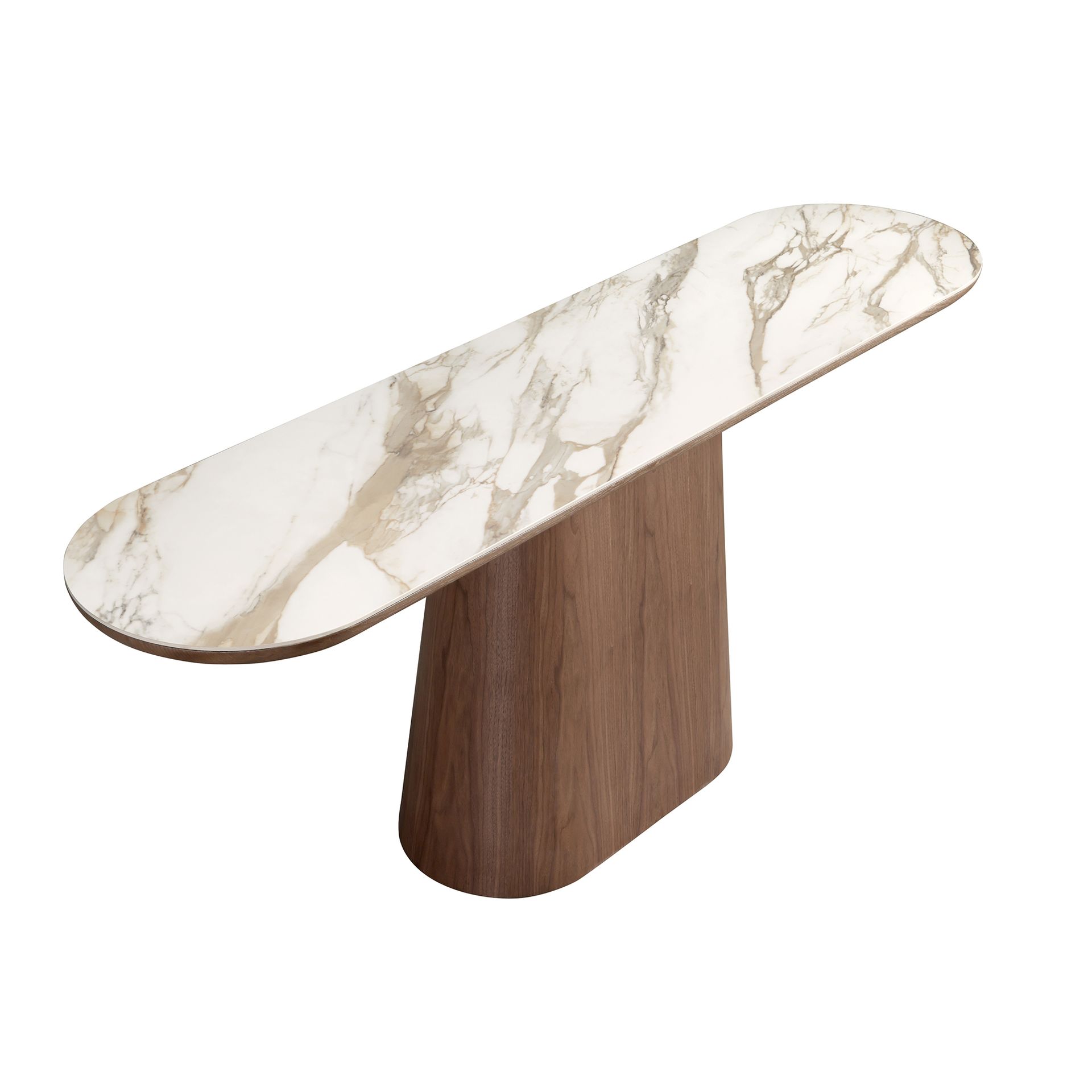 Consola ovalada medio punto mármol porcelánico y nogal Consola ovalada medio punto mármol porcelánico y nogal