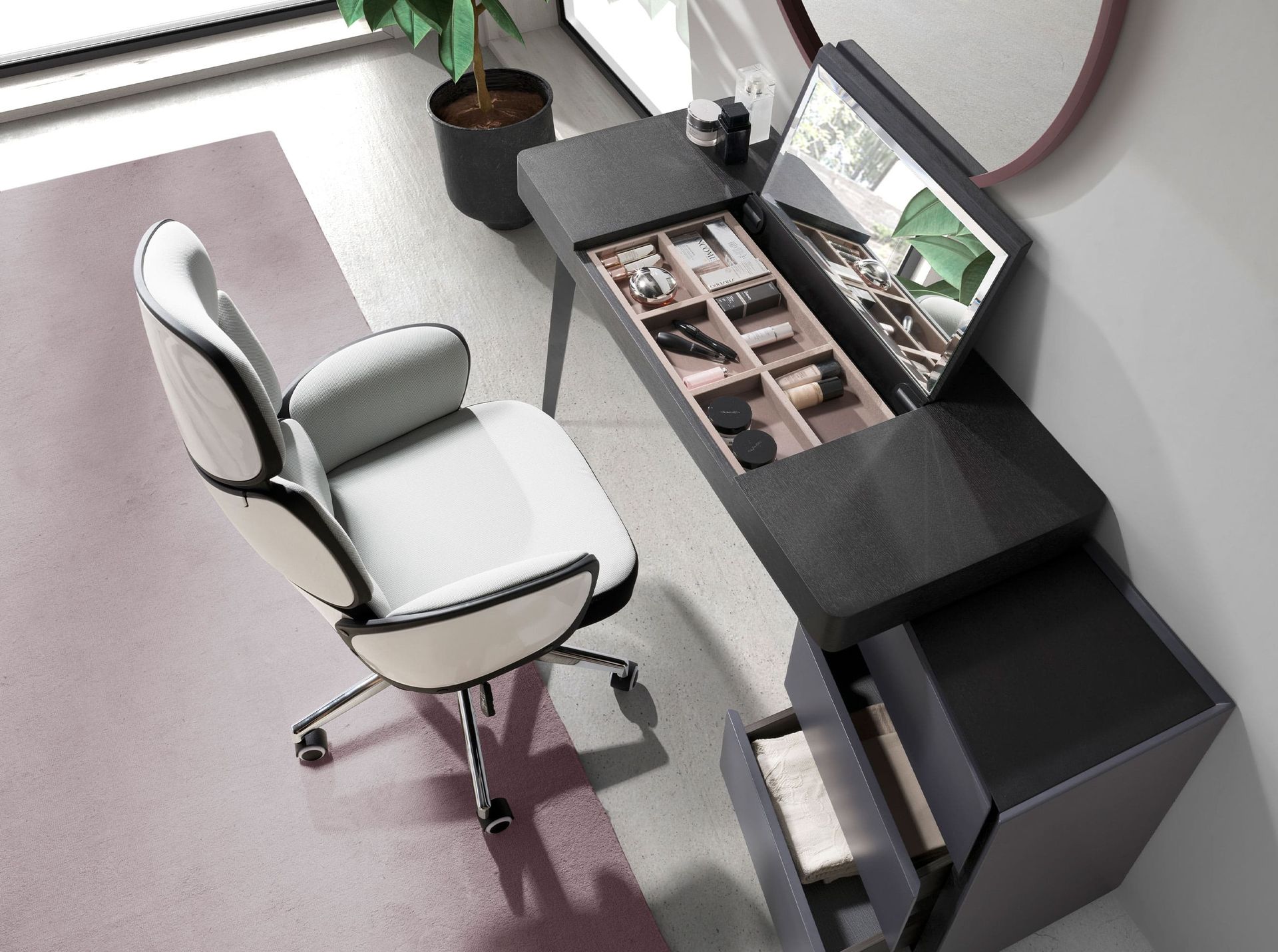 Silla oficina giratoria tela gris claro y pvc blanco brillo Silla oficina giratoria tela gris claro y pvc blanco brillo