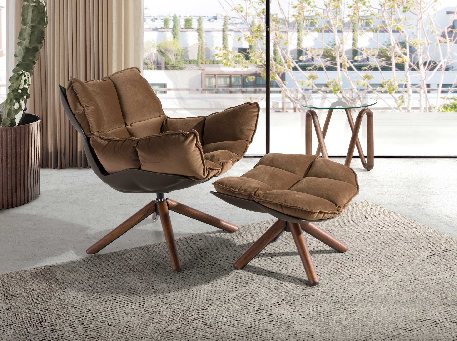 Sillón giratorio terciopelo marrón y pvc marrón Sillón giratorio terciopelo marrón y pvc marrón