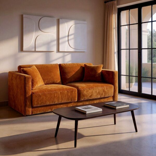 Sofá 3 Plazas Ocre Tejido-Madera 210 X 96 X 86 Cm