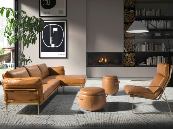 Sofá chaise longue derecha piel camel