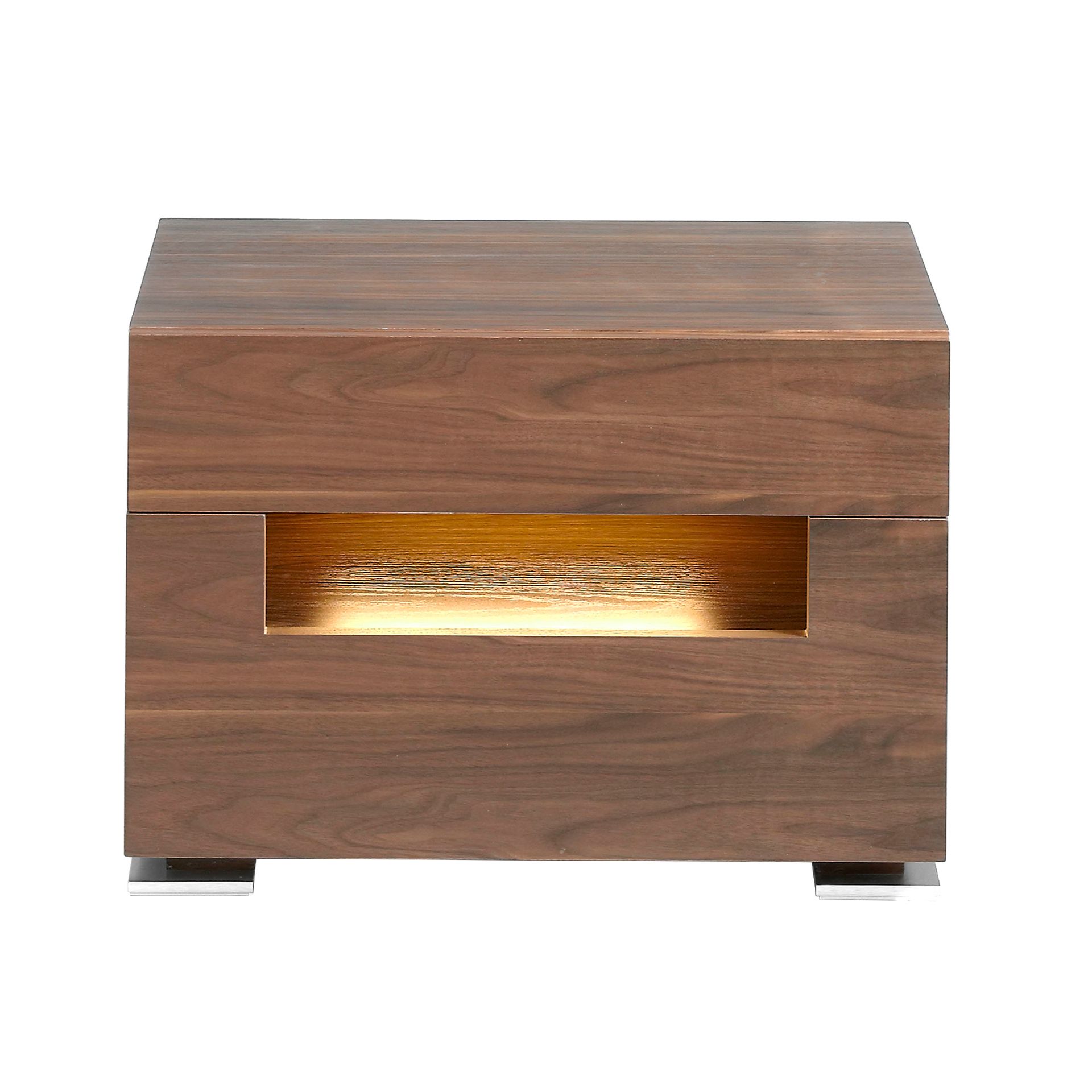 Mesita de noche nogal y acero pulido con iluminación interior Mesita de noche nogal y acero pulido con iluminación interior