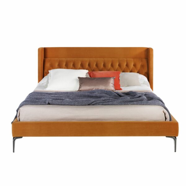 Cama capitoné terciopelo color mostaza