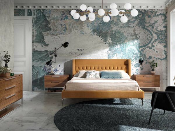 Cama capitoné terciopelo color mostaza