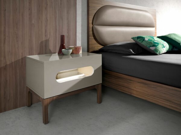 Mesita de noche madera gris y nogal con iluminación interior