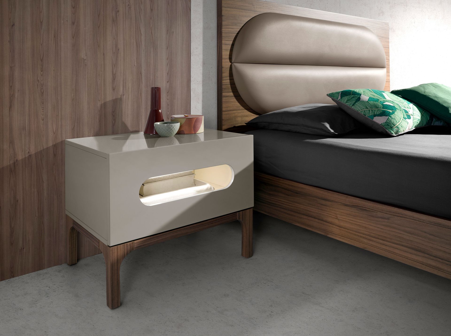 Mesita de noche madera gris y nogal con iluminación interior Mesita de noche madera gris y nogal con iluminación interior