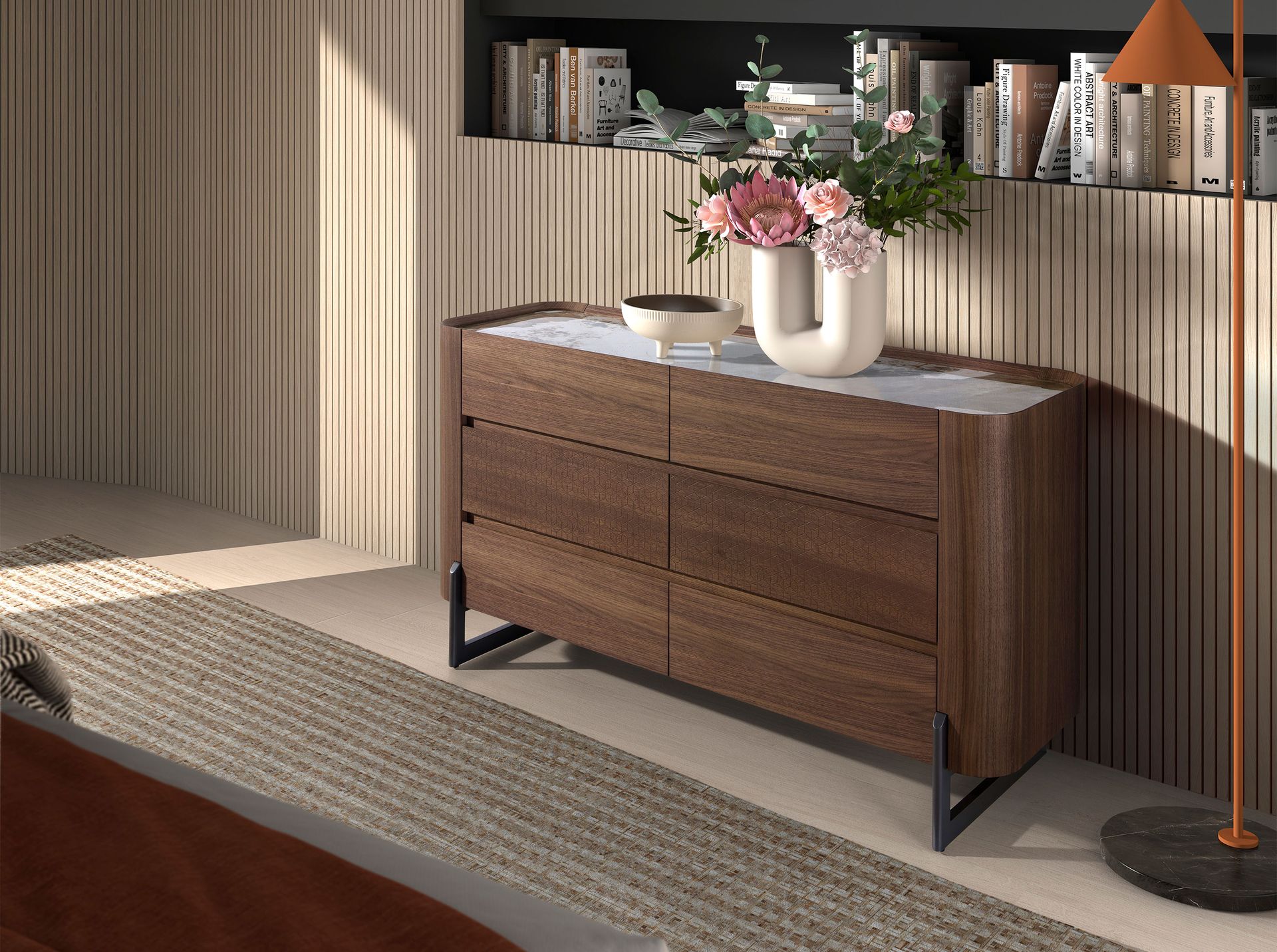 Cómoda nogal, acero visón metal y tapa de mármol porcelánico Cómoda nogal, acero visón metal y tapa de mármol porcelánico