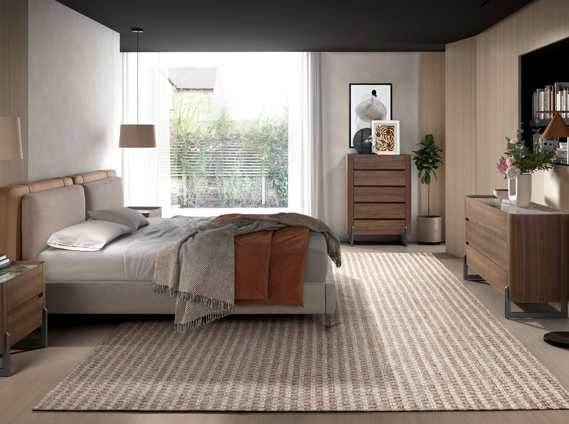 Cómoda nogal, acero visón metal y tapa de mármol porcelánico Cómoda nogal, acero visón metal y tapa de mármol porcelánico