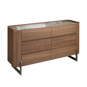 Cómoda nogal, acero visón metal y tapa de mármol porcelánico Cómoda nogal, acero visón metal y tapa de mármol porcelánico