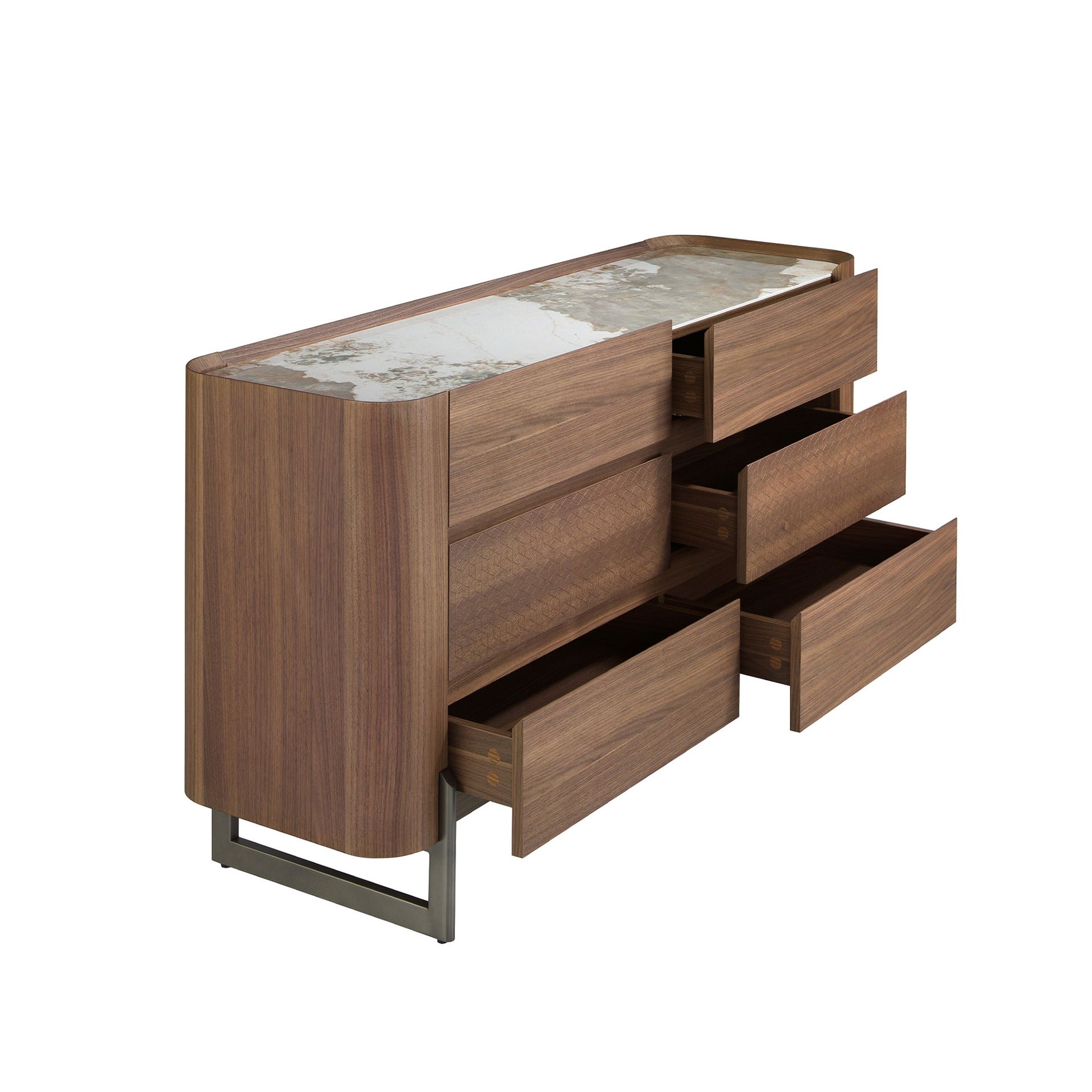 Cómoda nogal, acero visón metal y tapa de mármol porcelánico Cómoda nogal, acero visón metal y tapa de mármol porcelánico