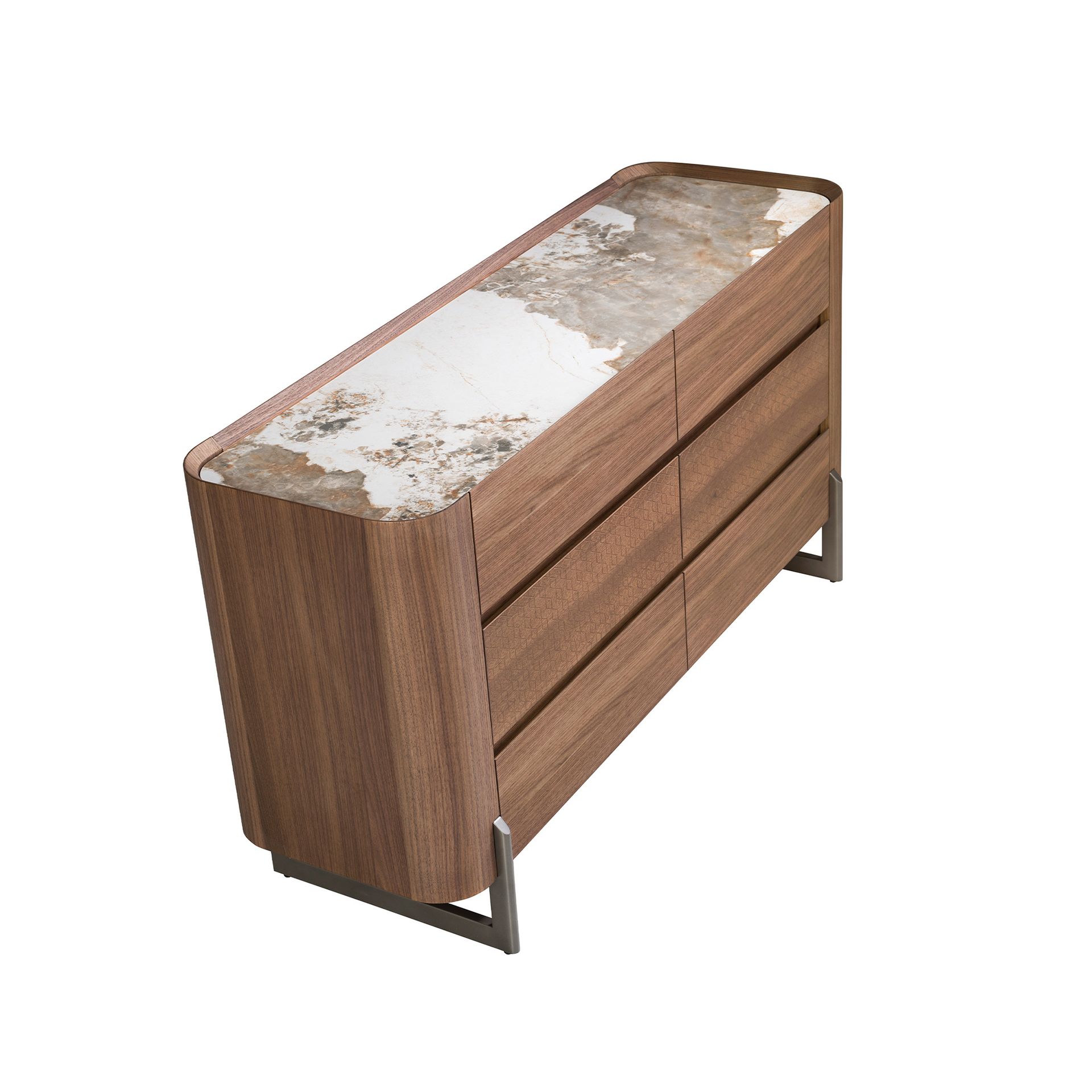 Cómoda nogal, acero visón metal y tapa de mármol porcelánico Cómoda nogal, acero visón metal y tapa de mármol porcelánico