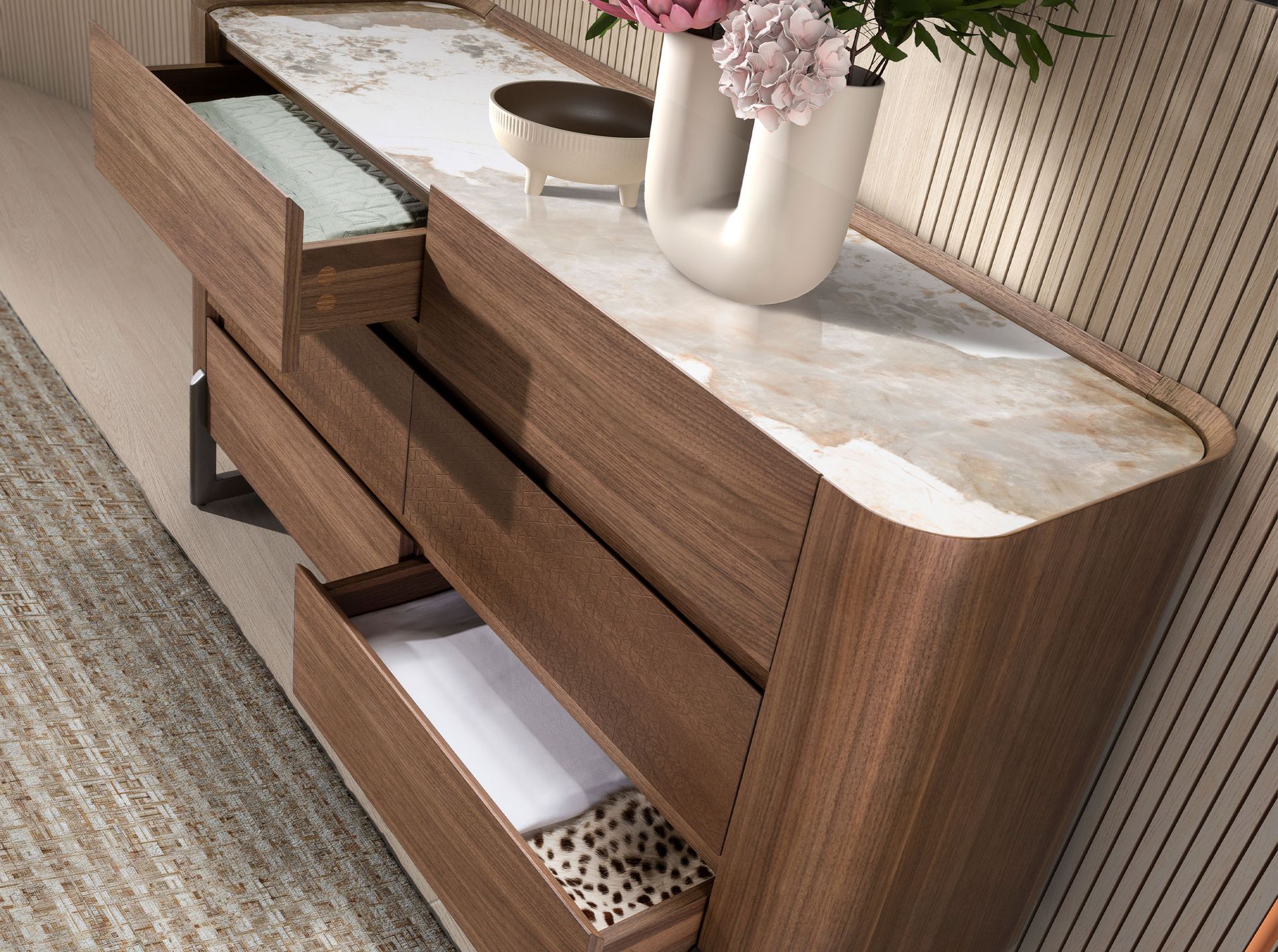 Cómoda nogal, acero visón metal y tapa de mármol porcelánico Cómoda nogal, acero visón metal y tapa de mármol porcelánico