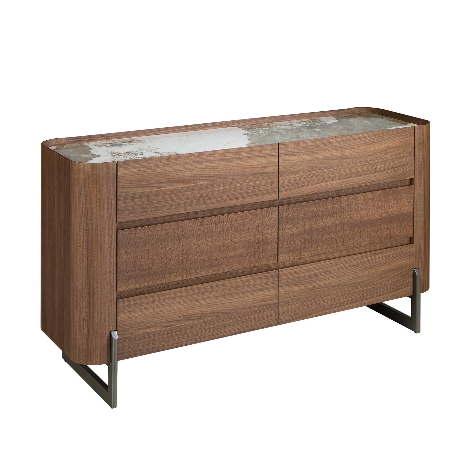 Cómoda nogal, acero visón metal y tapa de mármol porcelánico Cómoda nogal, acero visón metal y tapa de mármol porcelánico