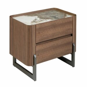 Mesita de noche nogal, acero visón metal y tapa de mármol porcelánico Mesita de noche nogal, acero visón metal y tapa de mármol porcelánico