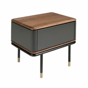 Mesita de noche madera gris oscuro, acero negro y tapa de nogal Mesita de noche madera gris oscuro, acero negro y tapa de nogal