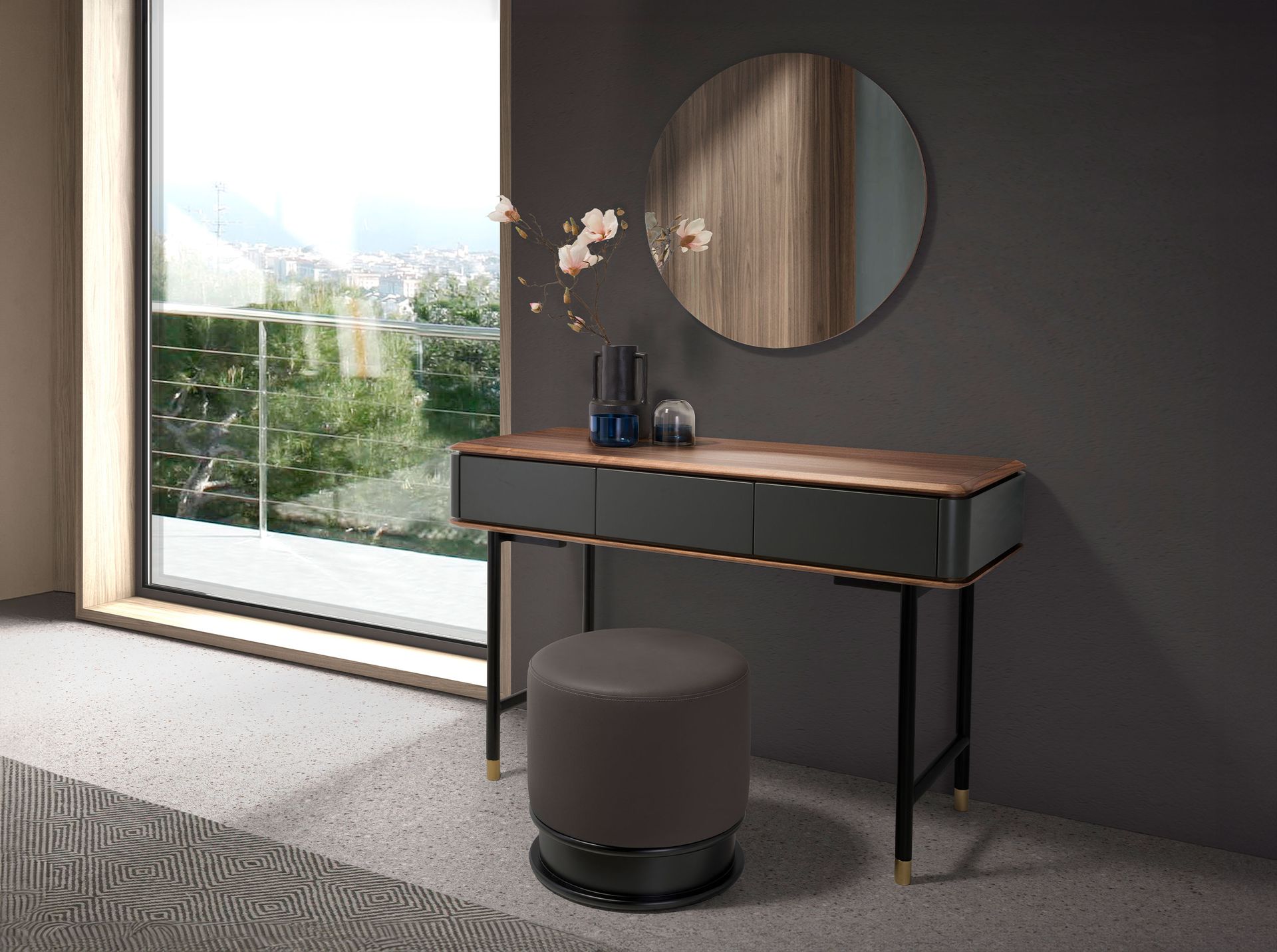 Consola rectangular nogal, madera gris oscuro y acero negro Consola rectangular nogal, madera gris oscuro y acero negro