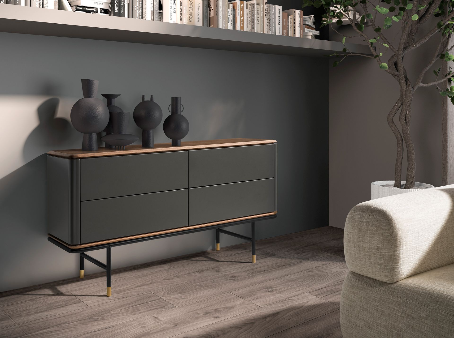 Cómoda madera gris oscuro, acero negro y tapa de nogal Cómoda madera gris oscuro, acero negro y tapa de nogal