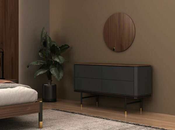 Cómoda madera gris oscuro, acero negro y tapa de nogal