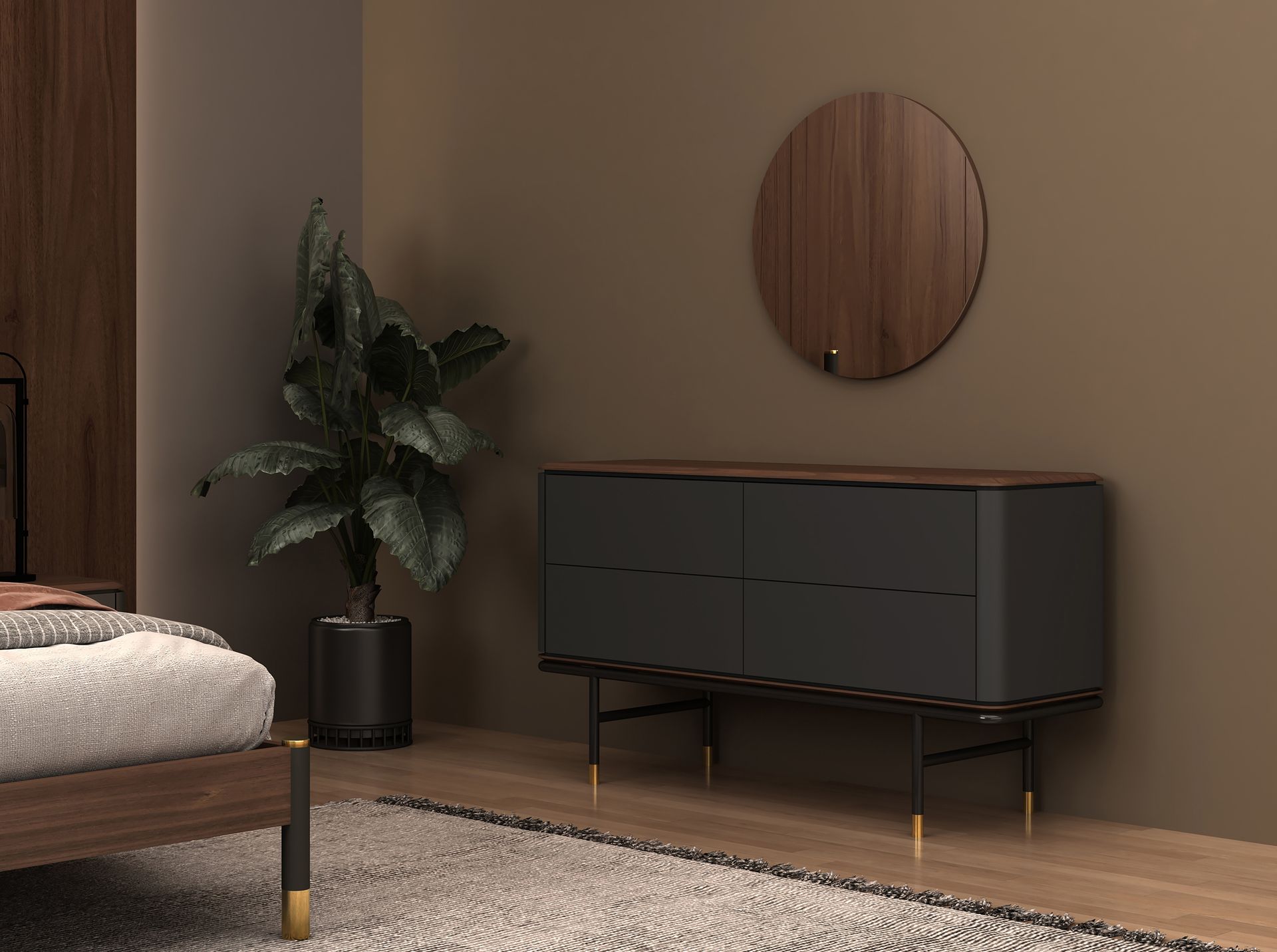 Cómoda madera gris oscuro, acero negro y tapa de nogal Cómoda madera gris oscuro, acero negro y tapa de nogal